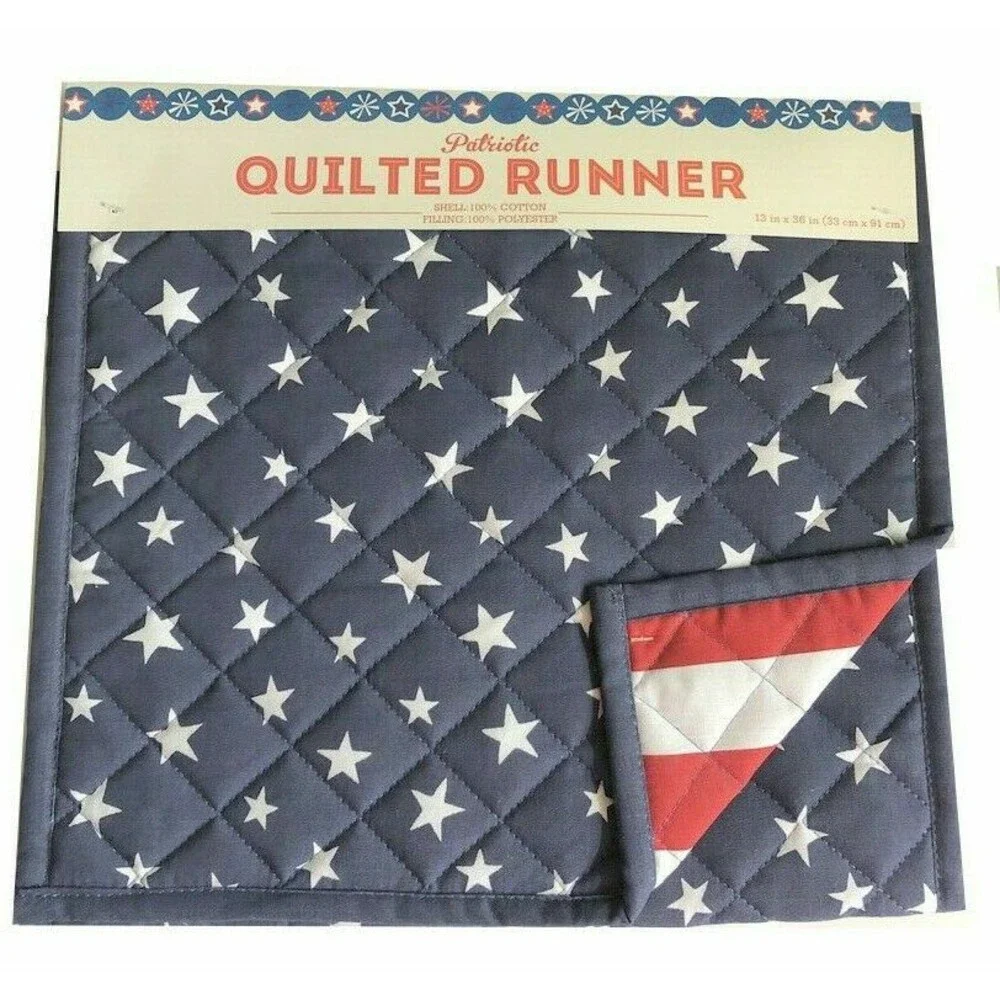 Patriotic Flag Table Runner 4th of July Reversible Quilted Red White Blue 13x36